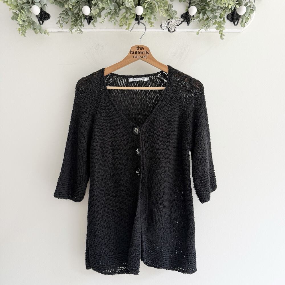 Lulu-b Black Textured Knit Half Sleeve Button Down Cardigan Small Artsy Granola